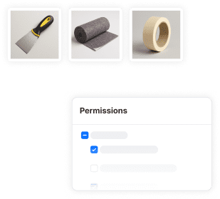 A grid of images showing various tools and a list of checkmarks with the headline "Permissions".
